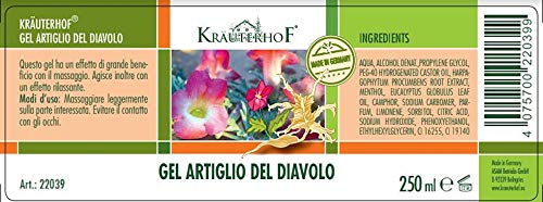 Kräuterhof, gel con artiglio del diavolo ed estratti di eucalipto, mentolo e canfora, ideale per massaggi, contenitore sigillato con pellicola in alluminio, 250 ml (etichetta in lingua italiana non garantita)