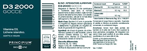BIOS LINE Principium D3 2000 Vegetale, Integratore di vitamina d3 estratto da Lichene Islandico, Integratore bambini e adulti per ossa e denti