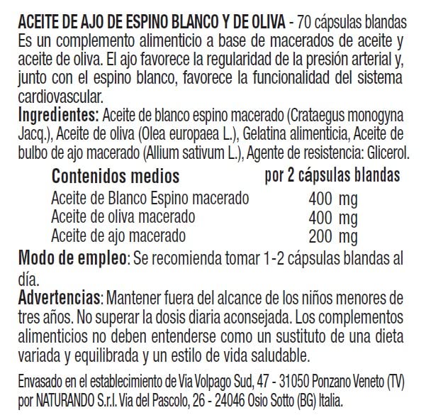 Naturando Olio di Aglio-Biancospino-Olivo 70 perle. Integratore Alimentare per il Controllo della Pressione Arteriosa