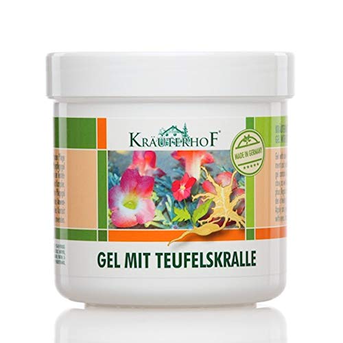 Kräuterhof, gel con artiglio del diavolo ed estratti di eucalipto, mentolo e canfora, ideale per massaggi, contenitore sigillato con pellicola in alluminio, 250 ml (etichetta in lingua italiana non garantita)