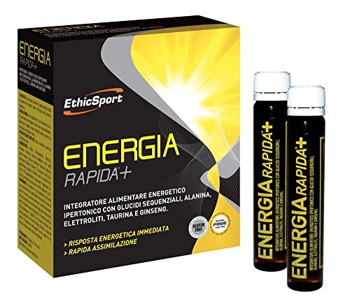 EthicSport - Energia Rapida + - Confezione da 10 flaconi x 25 ml - Integratore alimentare energetico ipertonico con Glucidi sequenziali, Alanina, Elettroliti, Taurina e Ginseng