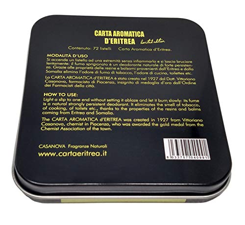 CASANOVA - carta d'Eritrea 72 listelli in scatola di metallo confezione regalo, cartine biologiche da bruciare profumano e purificano gli ambienti