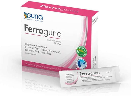 GUNA Ferroguna 28 Bustine Orosolubili - Integratore Alimentare a Base di Ferro, Rame, Vitamina C, con Polpa Disidratata del Frutto del Baobab